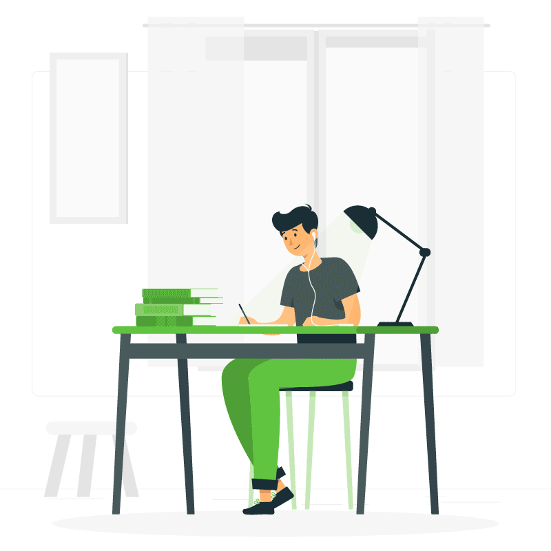 Illustration of student studying at desk with headphones