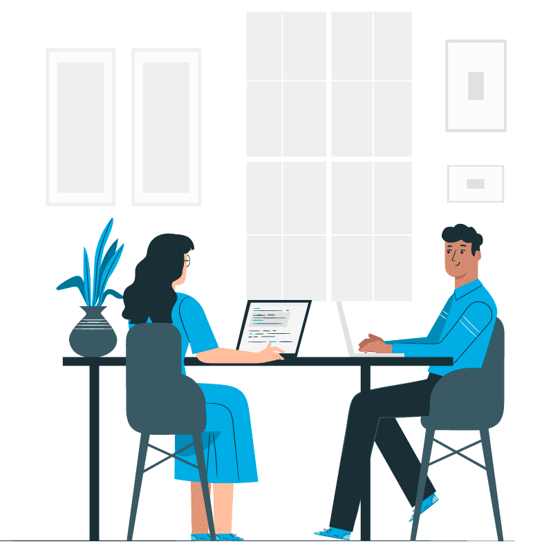 Illustration of male and female students in blue clothes studying.