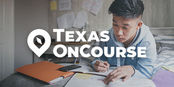 Texas OnCourse logo on top of image of a male teenage studying